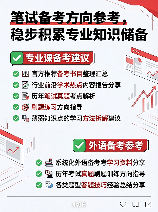 小红书干货避坑犀利风图文内页，比例3:4，标题："笔试备考方向参考，稳步积累专业知识储备"，分两部分带对勾：✅专业课备考建议，包含：官方推荐备考书目整理汇总、行业前沿学术热点内容报告分享、历年笔试真题考点解析、刷题练习方向指导、薄弱知识点的学习方法拆解建议；✅外语备考参考，包含：系统化外语备考学习资料分享、历年考试真题刷题训练方向指导、各类题型答题技巧经验总结分享。排版清晰条理，重点突出，适合小红书