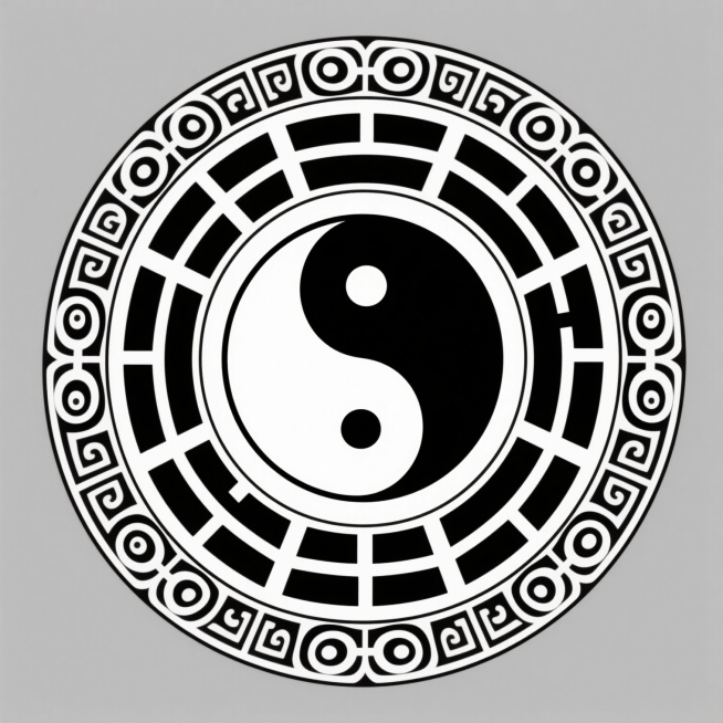 一个圆形的太极图案，采用黑白两色，中心是经典的阴阳鱼造型，黑鱼白眼，白鱼黑眼，阴阳鱼外围环绕着多层具有中国传统纹样的装饰性圆环，外层圆环上有对称的卷曲花纹和几何形状，整体呈现出一种古典、庄重、神秘的氛围，线条流畅，图案对称，具有浓厚的东方哲学韵味和传统美学风格。预览效果