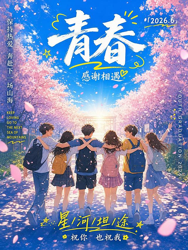 竖版毕业季海报，元气动漫插画风格，主色调为晴空蓝+明黄，整体活力满满，8K质感。主体画面：毕业生们手牵手走在樱花大道上，身边飘落粉色花瓣，大家互相搂着肩膀，每个人脸上都是灿烂笑容，道路尽头是洒满阳光的出口。文字排版：- 顶部：白色毛笔大字"青春"，搭配黄色涂鸦线条，下方小字"感谢相遇"；右上角标注"「2026.6」"。- 左侧：竖排文案"保持热爱 奔赴下一场山海"，下方英文"KEEP LOVING GO TO THE NEXT SEA OF MOUNTAINS"。- 右侧：竖排英文"YOUTH GRADUATION 2026"。- 底部："星/河/坦/途"，搭配文案"祝你 也祝我"。整体风格：元气动漫风、活力欢快、青春热烈、毕业季海报，内容与前三张完全不同