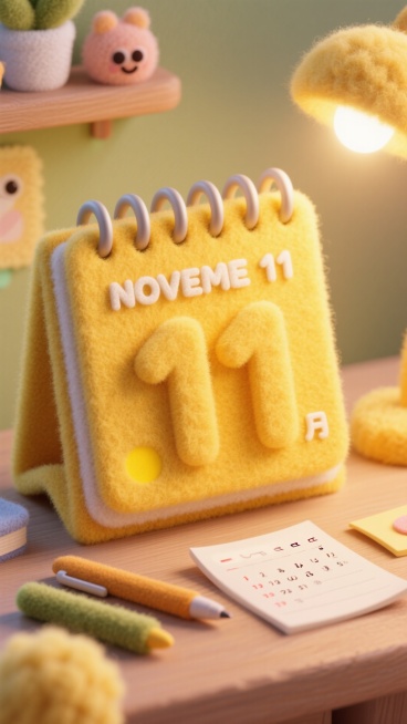 黄色毛毡日历，翻到 11 月 11 日，日期数字用立体毛毡制作，旁边有毛毡笔和便签纸。预览效果