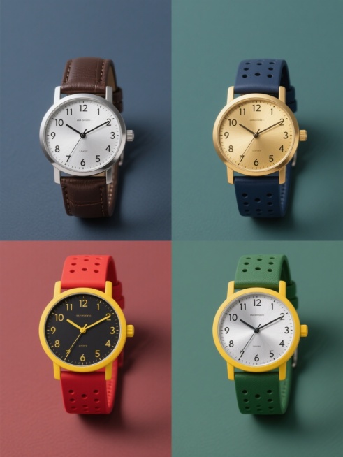 四个不同色彩主题的系列素材集合，每个素材均为简约写实风格的配饰单品，保持相同的纯色背景、规整的居中构图和清晰的产品展示方式，整体排布为2x2网格布局。第一个为深棕色表带配银色表盘的腕表，第二个为深蓝色表带配金色表盘的腕表，第三个为红色表带配黑色表盘的腕表，第四个为绿色表带配银色表盘的腕表，所有腕表均有黄色表扣，表盘内有黑色数字和指针，表带带有均匀分布的圆孔，画面干净简洁，无任何文字和装饰元素。预览效果
