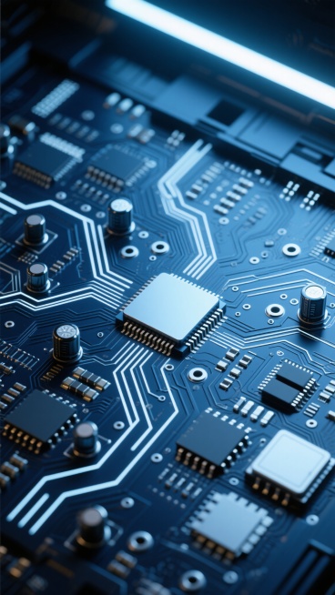 电路板主题，3D渲染，深蓝色调为主，辅以白色高光和金属质感，顶部斜射的柔和光源，营造出科技感与神秘感，电路板上布满密集的线路、圆形电容、矩形芯片、散热孔和插槽，布局对称且具有几何美感，表面光滑有光泽，细节丰富，整体呈现出精密、复杂的电子元件结构，具有未来科技感和工业设计美学。预览效果