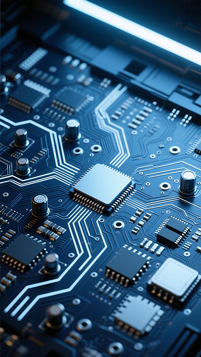 电路板主题，3D渲染，深蓝色调为主，辅以白色高光和金属质感，顶部斜射的柔和光源，营造出科技感与神秘感，电路板上布满密集的线路、圆形电容、矩形芯片、散热孔和插槽，布局对称且具有几何美感，表面光滑有光泽，细节丰富，整体呈现出精密、复杂的电子元件结构，具有未来科技感和工业设计美学。