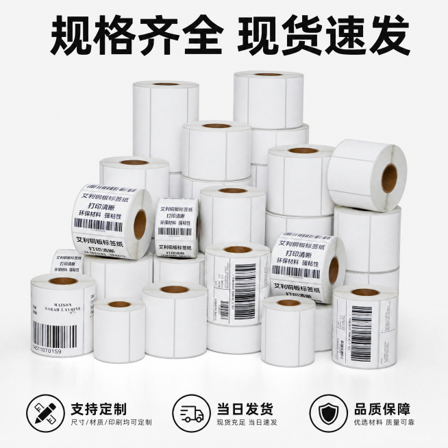 [主图-5] 现货规格与服务承诺图。保持艾利铜版纸不干胶产品外观、物理结构、材质质感、颜色与输入产品图绝对一致，杜绝任何变形和色差。整齐陈列多卷不同尺寸的标签纸，突出量大现货感。氛围风格：专业靠谱，突预览效果