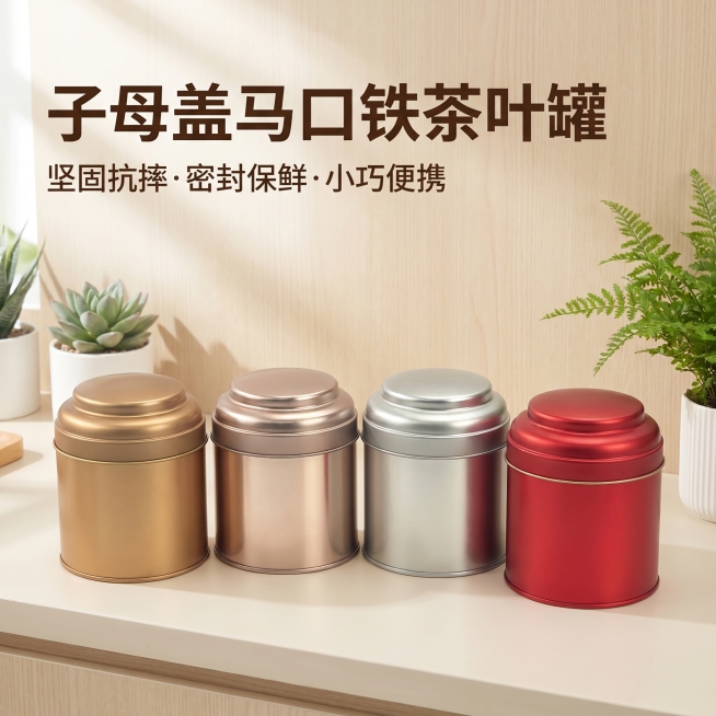 [主图 1] 整齐桌面场景展示四款子母盖茶叶罐首图
[氛围风格] 简约干净实用主义，适合1688电商平台，突出源头品质感
[画质] 商业摄影质感、光线柔和通透、产品清晰真实、画面干净高级
[元素] 四预览效果