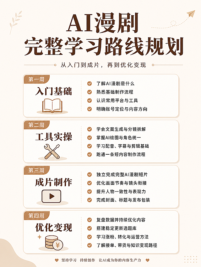 小红书图文海报，暖米色简约干净背景，主标题是"AI漫剧完整学习路线规划"，正文分阶段介绍学习路径：第一周入门基础，第二周工具实操，第三周成片制作，第四周优化变现，每个阶段列出核心学习任务，文字清晰无错别字，整体风格和参考图一致，竖版3:4构图，适合小红书发布