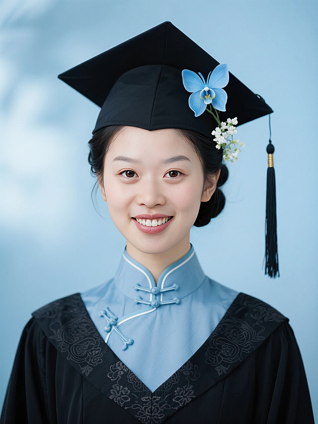 女生，学士服证件照，复古妆容，古典低盘发戴学士帽，黑色穗子，头上簪两朵浅蓝色的蝴蝶兰和白色小花，黑色学士服领口有复古花纹，内衬是淡蓝色旗袍盘扣领口，浅蓝色朦胧背景，露齿笑