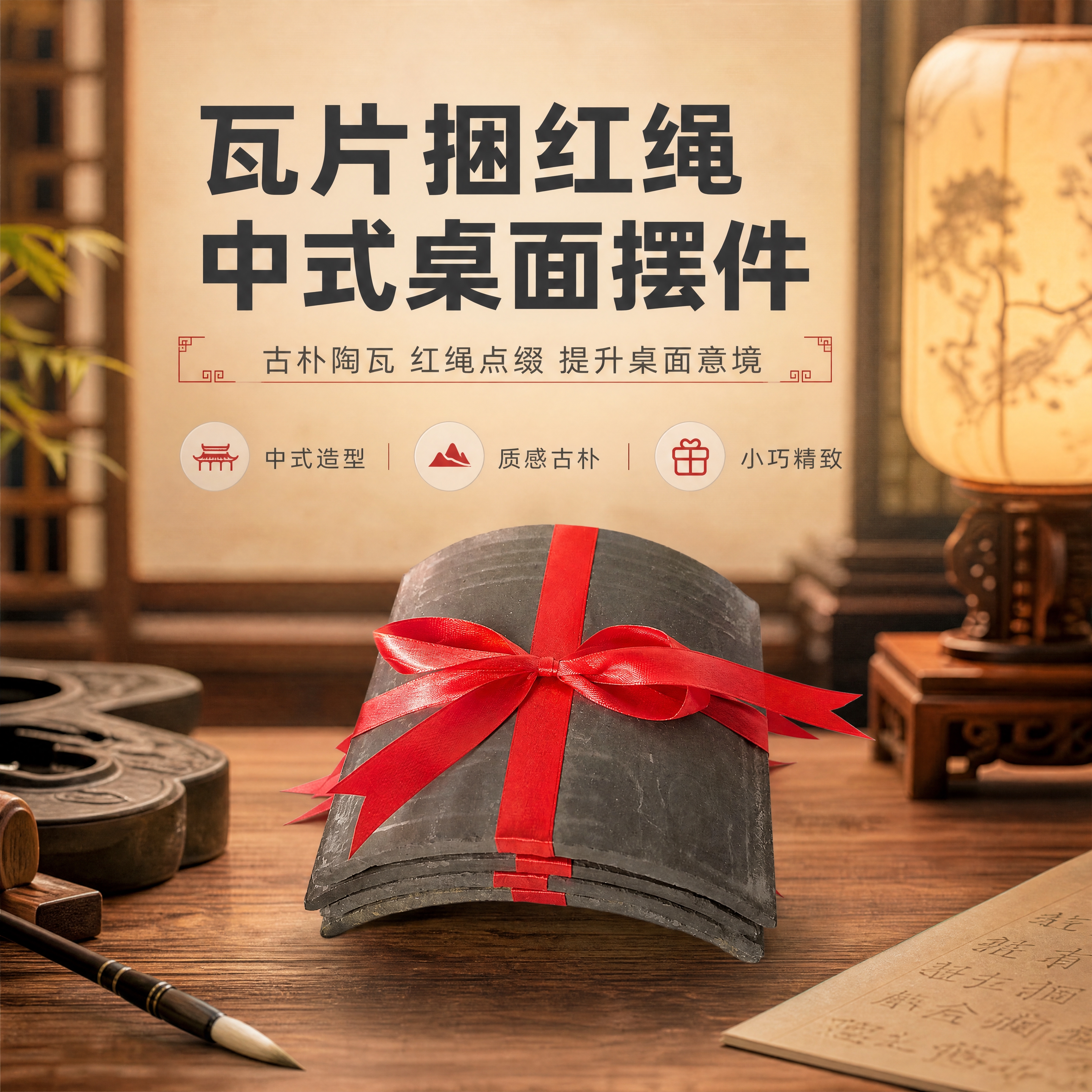 [商品] 使用【图1】C瓦片捆红绳桌面摆件；保留陶瓦灰黑色弧形… - 图片创意预览