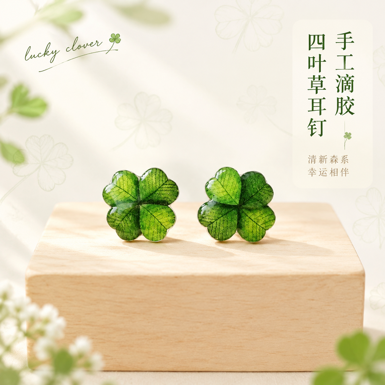 [主图-1] 首图点击率 手工滴胶四叶草耳钉 清新森系氛围展示… - 图片创意预览