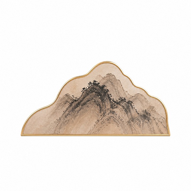 从原图中抠出右下方较小的水墨山水假山美陈（带金色描边的小山形装置，上面有水墨黑色山峦图案，最小的那一个），单独放置在纯白色背景上，只保留这个假山美陈本身，去除所有其他元素（枫叶、文字、其他假山、植物、云雾、地面等全部去掉），假山边缘清晰完整，透明背景或纯白背景均可，高清画质。