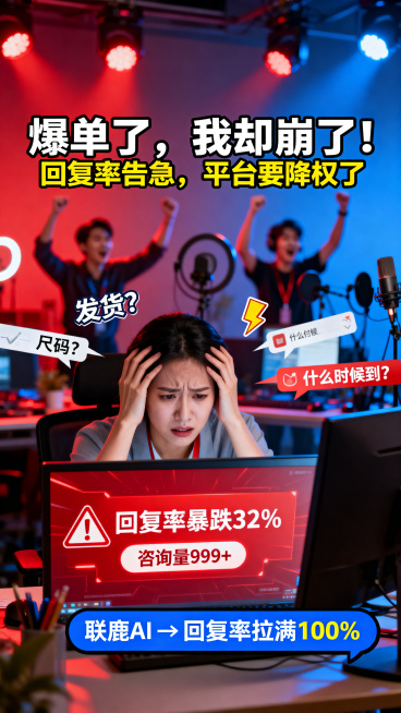 热闹的直播间后台，背景虚化显示主播正在激情带货，前景是一位运营助理，双手抱头，表情焦虑，面前的电脑屏幕上显示红色警告：回复率暴跌32%、咨询量999+。画面采用高动态范围，灯光红蓝对比强烈，营造紧张感预览效果