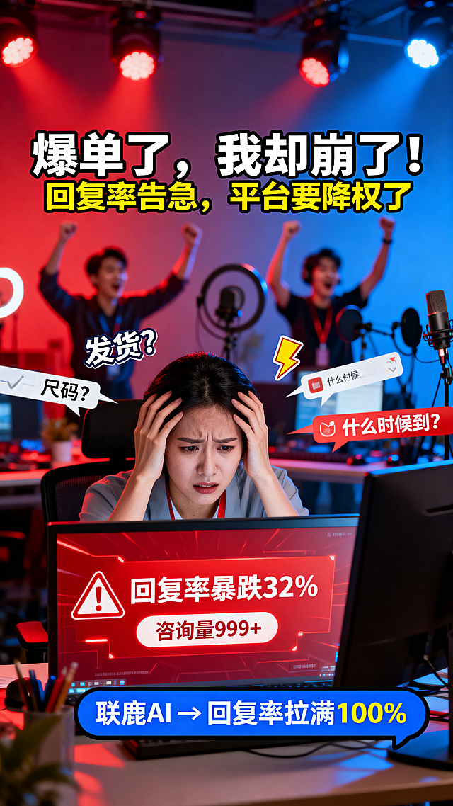 热闹的直播间后台，背景虚化显示主播正在激情带货，前景是一位运营助理，双手抱头，表情焦虑，面前的电脑屏幕上显示红色警告：回复率暴跌32%、咨询量999+。画面采用高动态范围，灯光红蓝对比强烈，营造紧张感，屏幕上方飞出弹幕特效“发货？”“尺码？”“什么时候到？”，营造刷屏感。添加文字：主标题为“爆单了，我却崩了！”，粗体白色描边；小标题“回复率告急，平台要降权了”黄色；蓝色气泡框中写“联鹿AI → 回复率拉满100%”