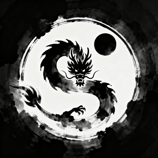 方案一：传统日纹S龙标：S形龙身围圆形日纹，正面龙头居中威严，尾部左摆，水墨剪影风，适用于文化品牌预览效果