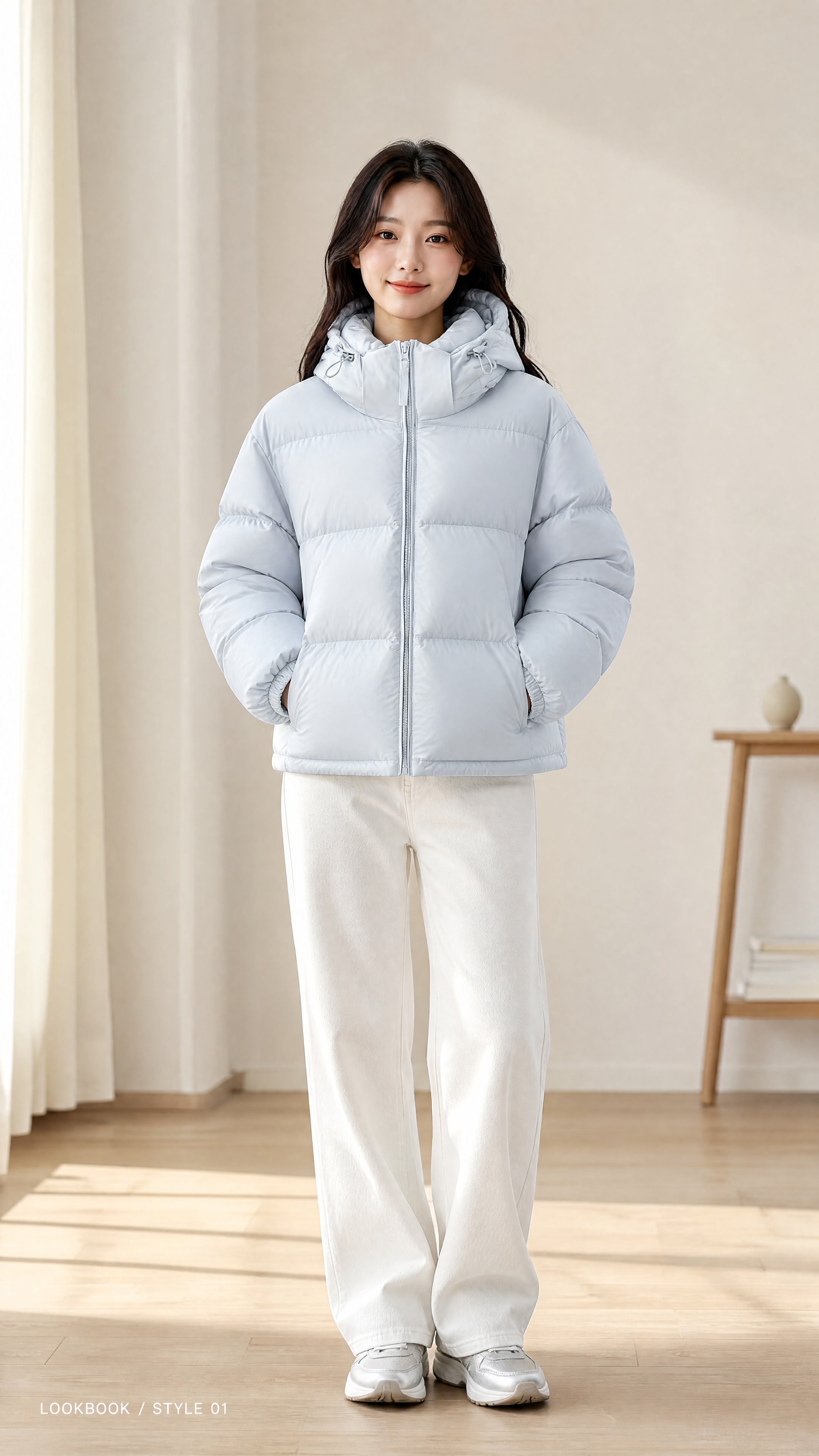 [商品] 使用【图1】奶雾蓝短款连帽泡芙羽绒服；商品处理：保留… - 图片创意预览