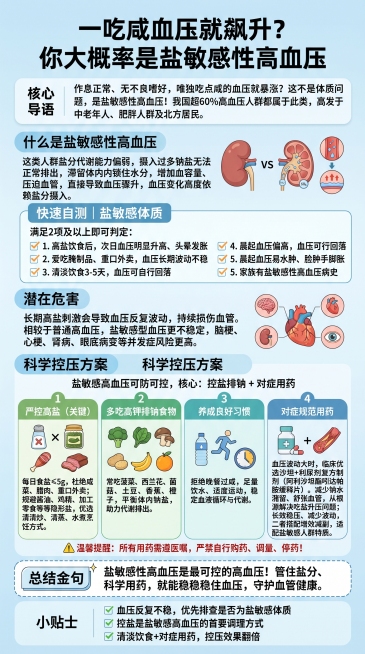一吃咸血压就飙升？你大概率是盐敏感性高血压
【核心导语】
作息正常、无不良嗜好，唯独吃点咸的血压就暴涨？这不是体质问题，是盐敏感性高血压！我国超60%高血压人群都属于此类，高发于中老年人、肥胖人群及北预览效果