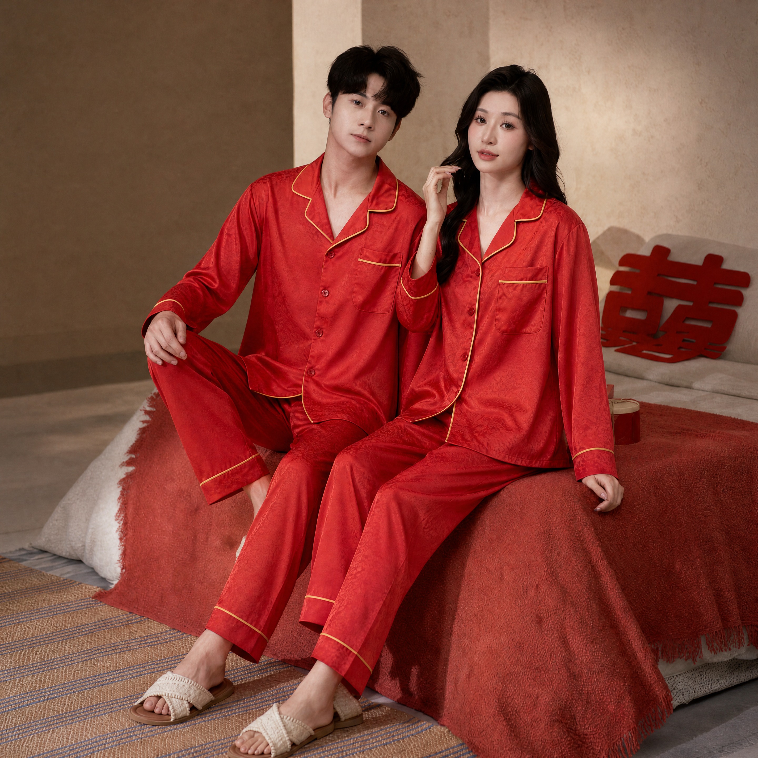 将图1中男女身上的睡衣完全替换为图2中男女身上的红色睡衣，保留… - 图片创意预览