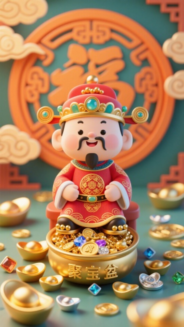 竖版Q版财神形象设计图，俯视视角；卡通财神头身比1:2，身着水红绣金团花纹官服（鞋头嵌金珠），头戴镶玛瑙官帽，端坐于“聚宝盆”旁（盆内满是金银珠宝）；背景暖橙祥云绕圆形藻井（绘福字纹样），前景散落金元预览效果