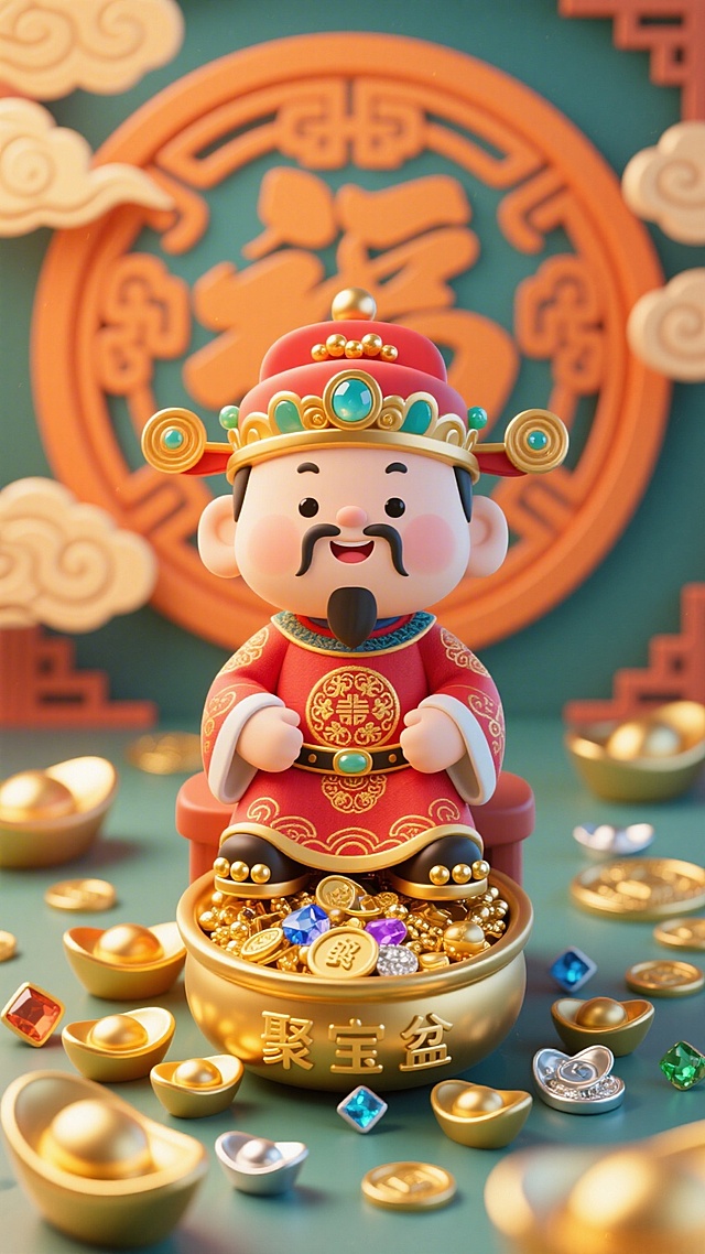 软3D粘土风财神坐于聚宝盆中，卡通造型喜庆饱满，金色元宝环绕，浮雕背景衬托年味，寓意新春招财纳福。