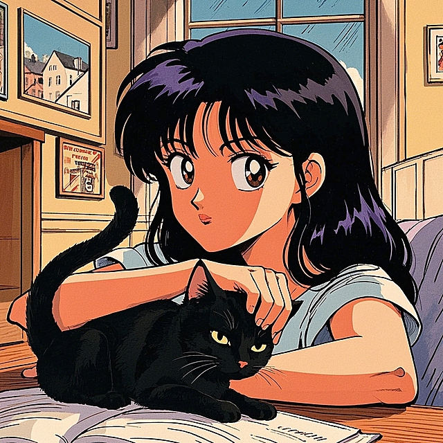 温馨卡通风格，女孩与黑猫相伴，室内阳光洒落，营造出温暖的动漫氛围。