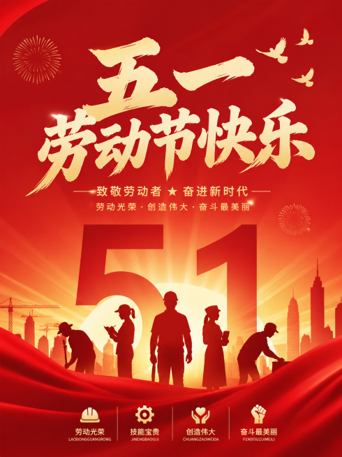 五一劳动节宣传海报，主标题文字"五一劳动节快乐"，整体风格喜庆热烈，红色为主色调搭配黄色元素，画面包含劳动相关元素，简约大气，适合节日宣传，比例3:4，分辨率2K预览效果