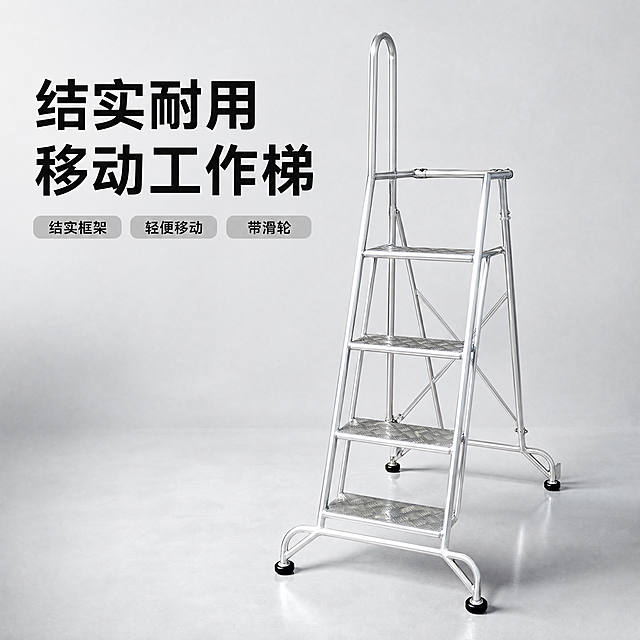 [主图-1] 可移动铝合金工作梯卖点首图
[氛围风格] 专业工业五金器械风格，简洁稳重，突出品质感
[画质] 商业摄影质感、光线柔和通透、产品清晰真实、画面干净高级，精修清理原背景杂物
[元素] 银色铝合金工作梯完整居中展示，商品主体占比70%左右，保持产品外观（物理结构、材质质感、颜色）与输入产品图绝对一致，杜绝任何变形和色差，精细化处理；背景为浅灰色哑光工业工作台，简洁干净不抢主体
[光影] 正面硬光作为主光勾勒产品轮廓，侧面辅光填充阴影，金属边缘高光清晰，整体光线明快通透，没有死黑区域
[配色] 主色调为银色金属色，背景浅灰色，文字深色对比清晰
[视角构图] 45°斜侧平视，完整展示产品全貌，轮廓完整不裁切，景深适中
[文字版式] 左上负空间左对齐留安全边距，大字主文案"结实耐用 移动工作梯"，加粗黑色最大号无衬线字体；下方三个卖点标签：结实框架 轻便移动 带滑轮。每个卖点为圆角浅灰底深字小标签，横向排列。文字占比小于30%，符合京东平台规范
[比例分辨率] 1:1比例，4k分辨率；文字清晰锐利，画面超高清
[负向提示词] 变形，水印，文字错乱，产品图模糊，背景杂乱，廉价感，玩具感，划痕，污渍