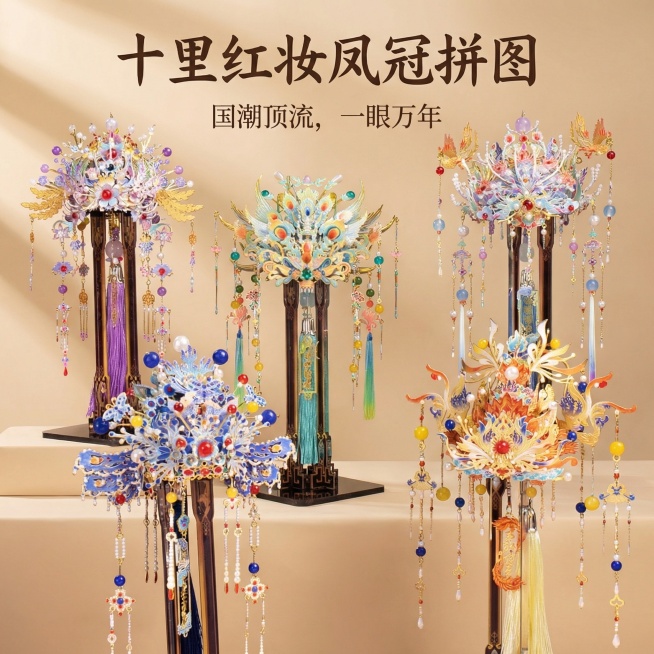 这是一款十里红妆凤冠拼图，换一个背景，温馨一点简约一点，添加【十里红妆凤冠拼图】【国潮顶流，一眼万年】文字，凤冠的款式颜色数量都不要发生改变预览效果