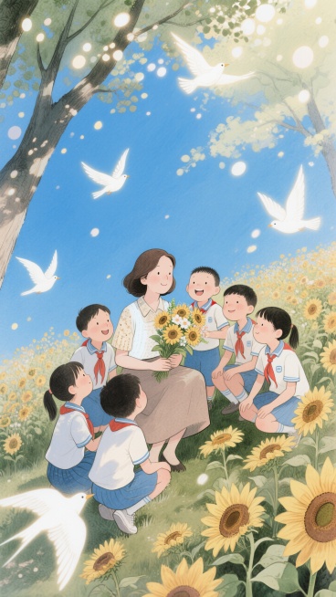 蓝天白云，学生们（穿着中国校服，姿态不一）愉悦靠在一位女老师（手里抱着鲜花）身边，一起坐在向日葵花园里互动的场景，几只动态的发光白鸟飞过装点画面，整个画面充满动态感和灵动感，温馨，梦幻，大量光斑，极强预览效果