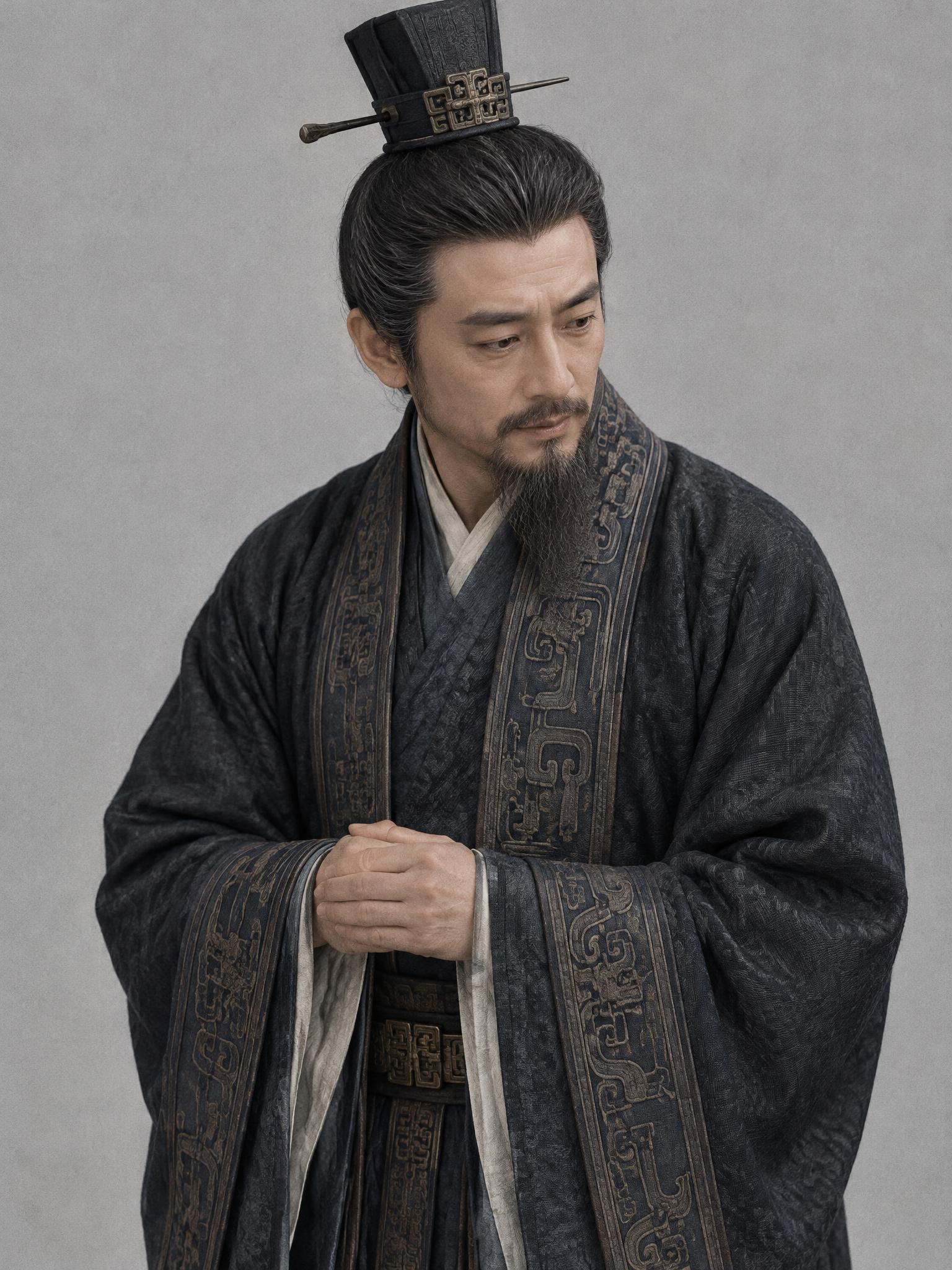 中国西周时期贤者微子，中年士大夫形象，拱手侧身退避姿态，谦逊目… - 图片创意预览