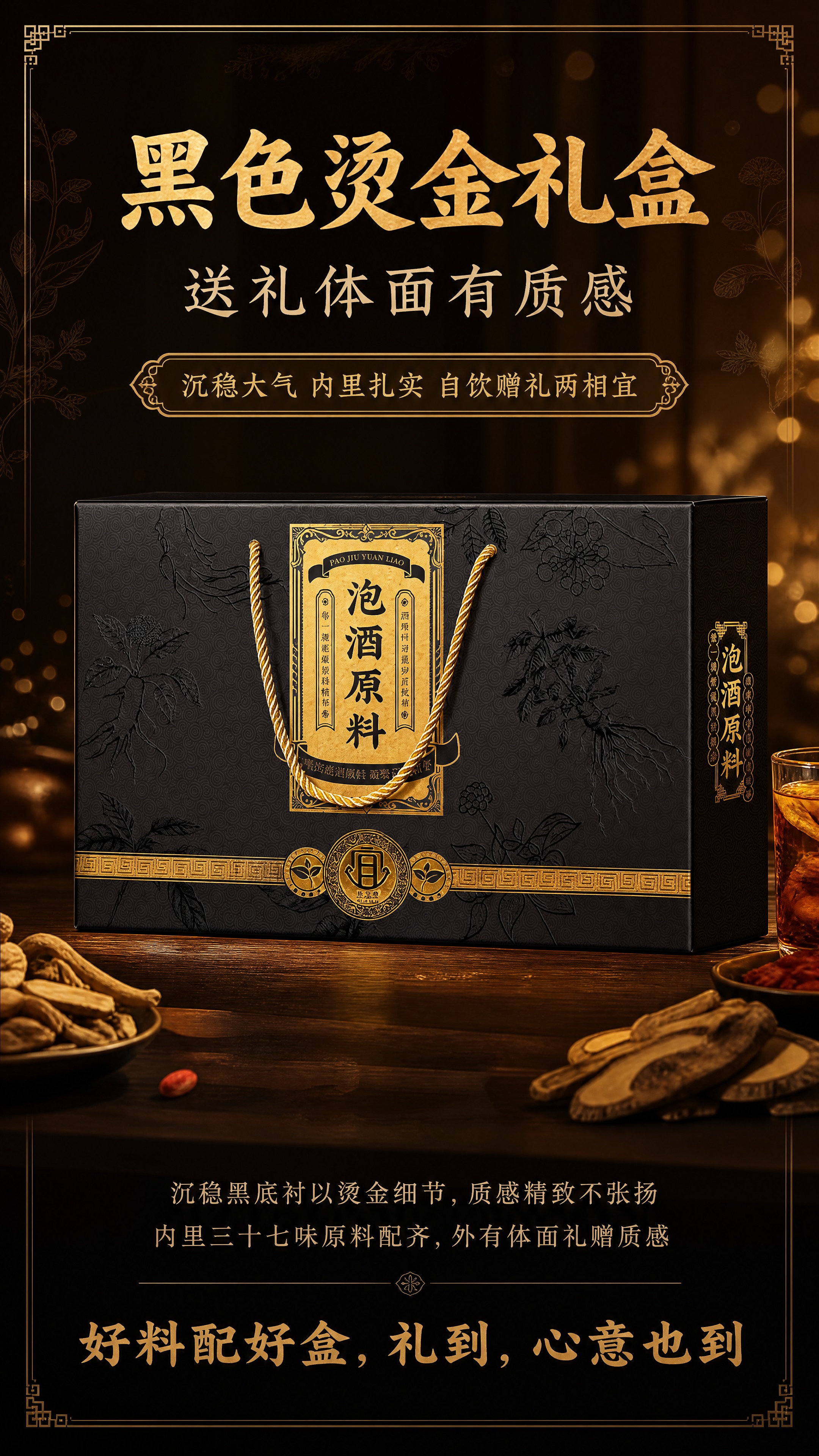 [商品] 使用【图2】黑色烫金泡酒原料礼盒；保留礼盒的黑色底、… - 图片创意预览