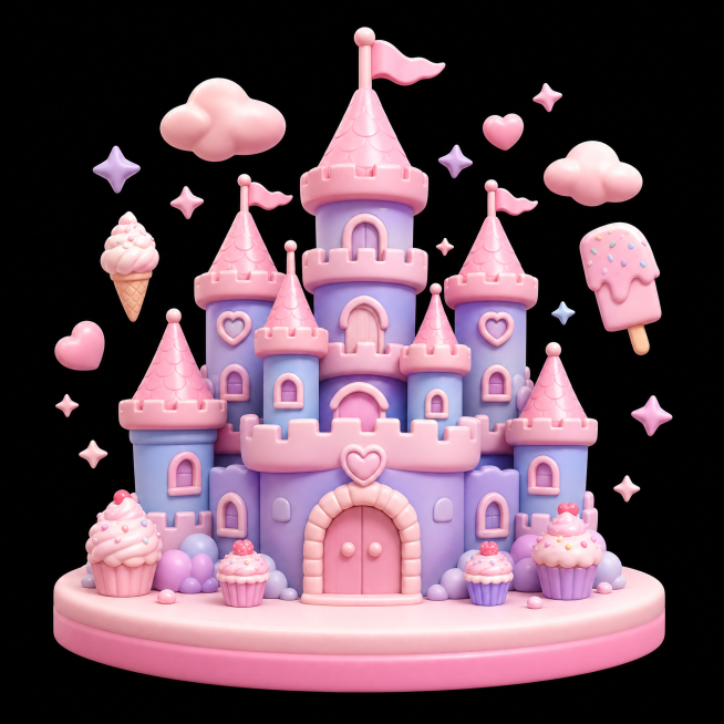 Cute 3D clay pastel fairy tale castle live stream gift asset, multi-tower princess castle structure预览效果