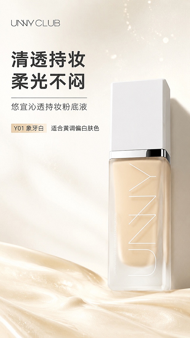 [第1屏] 详情页头图-UNNY CLUB悠宜沁透持妆粉底液Y01象牙白产品宣传海报。本屏使用【图1】作为商品主体。
[氛围/风格] 高级清透美妆风，简约米白背景，柔和光影烘托质感，商业摄影高级感。
[元素布局] 粉底液产品放置在画面偏右下区域，占比约65%；左上预留主标题区，底部搭配柔焦妆效膏体质感装饰；产品瓶身结构、颜色、Logo与输入图片完全一致，保留产品原设计特征。背景点缀细碎珠光颗粒提升精致感。
[光影质感] 左前方主柔光照明，右侧自然投影，瓶身玻璃材质保留清晰高光，整体通透干净。
[配色色系] 全局底色 #F5F5F0；主色米白浅棕；辅助色深灰文字、象牙膏体质感。
[视角构图] 正面45度微仰视，产品为绝对视觉中心，阅读动线左上标题 → 右下产品 → 底部装饰，层次清晰。
[文字版式] 左上为主副标题，不遮挡瓶身。主标题「清透持妆 柔光不闷」，副标题「悠宜沁透持妆粉底液」，字体简约大气，主标题加粗深灰色，副标题浅灰。主标题下方小字标注「Y01 象牙白 适合黄调偏白肤色」。文字不遮挡产品主体。
[比例分辨率] 9:16竖版比例，4K分辨率，文字清晰可辨，高清画质。
[负向提示词] 瓶身变形，包装文字错乱，颜色偏差，缺件错件，水印，文字过小，背景杂乱，产品模糊
