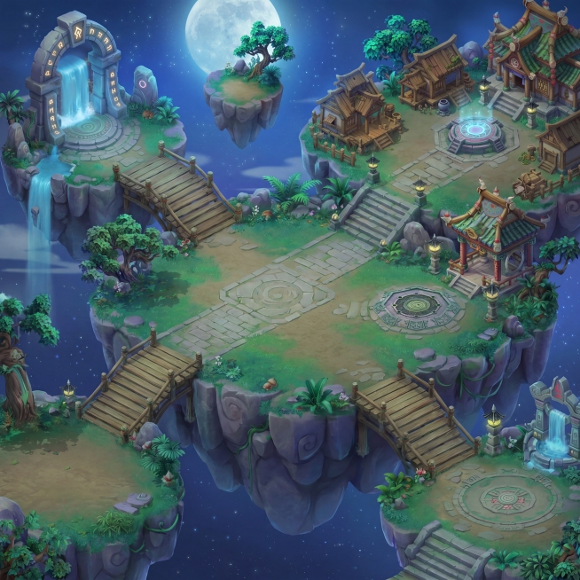 保持原图仙侠古风月夜浮空岛的美术风格，生成布局完全不同的1:1场景图，确保建筑不遮挡游戏角色行走路线，预留通畅路径预览效果