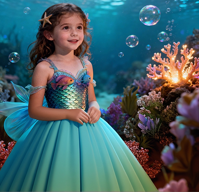 欧美可爱小女孩，海洋生物元素服饰，梦幻背景，露出手臂，大师级摄影