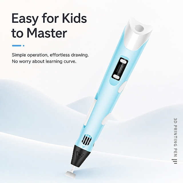 Amazon 1:1 main image for 3D printing pen, easy operation feature. Light blue 3D printing pen displayed diagonally on soft light background, English headline text "Easy for Kids to Master" at top left, subtitle "Simple operation, effortless drawing. No worry about learning curve." below, vertical text "3D PRINTING PEN" on right side, clean minimalist style, soft gradient background, professional product photography, bright lighting