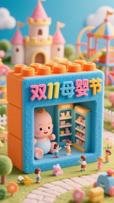 蓝橙色调 · 巨大的婴儿积木

积木上用彩色立体字拼出“双11母婴节”。
积木空腔是母婴用品的展柜，孩子在里面玩耍。
背景是童话城堡与游乐场。
毛毡纹理，色彩明亮欢快。预览效果