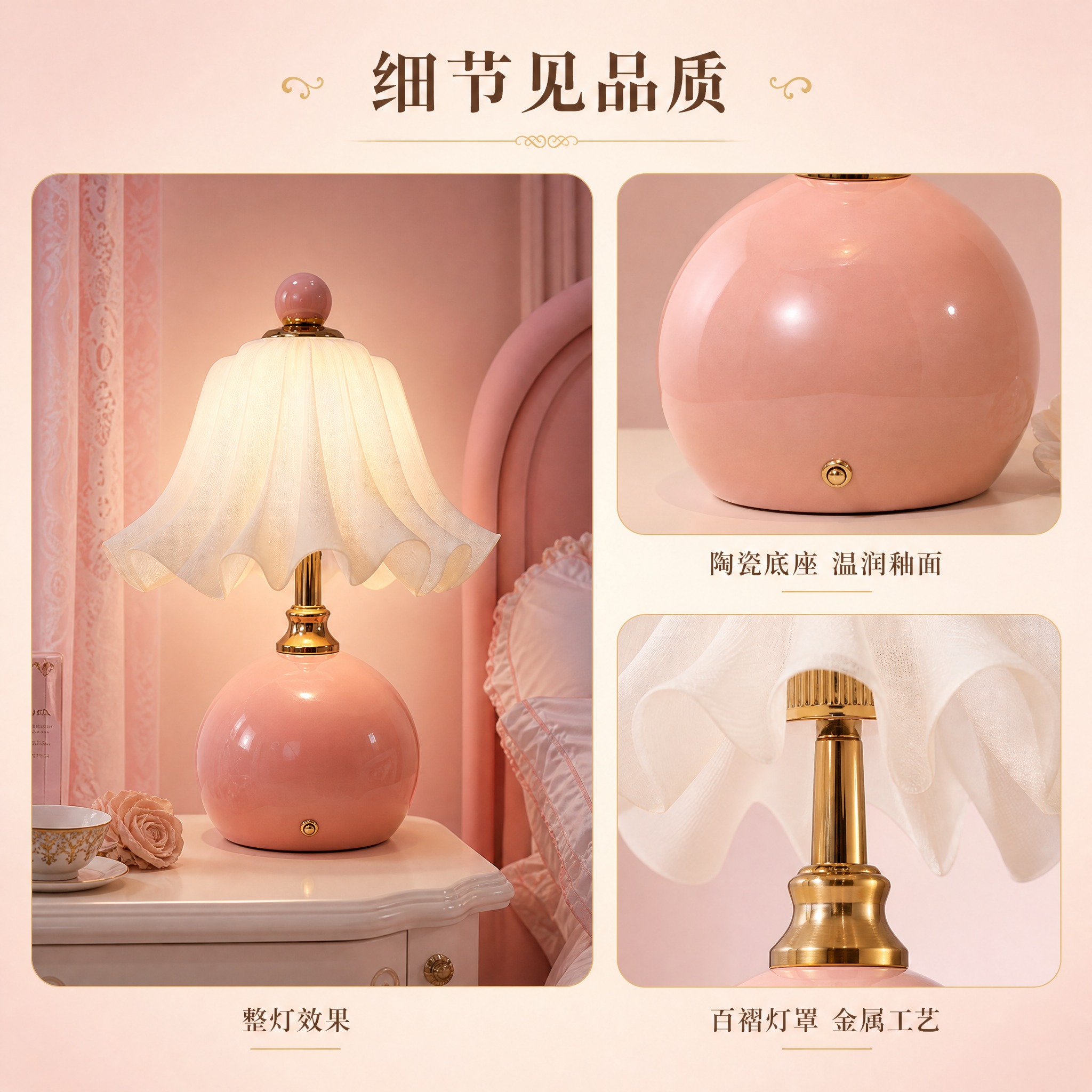 [主图-3] 粉色陶瓷百褶灯罩床头台灯 结构细节与品质展示图… - 图片创意预览