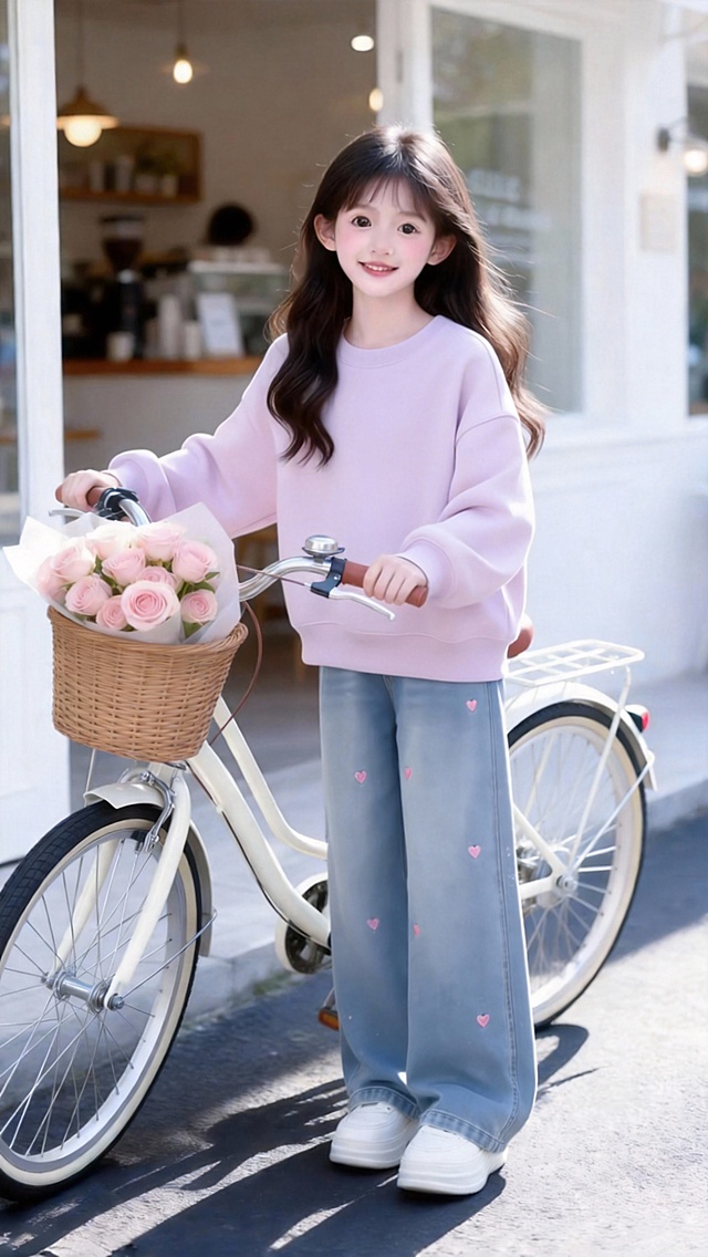 把图1的衣服和裤子给图的2的人物穿上，保留原场景光影，保持图2的人物的五官和发型不变，图片宽高尺寸不变，背景不变，人物姿势不变，保持图1的衣服和裤子的款式和颜色不变