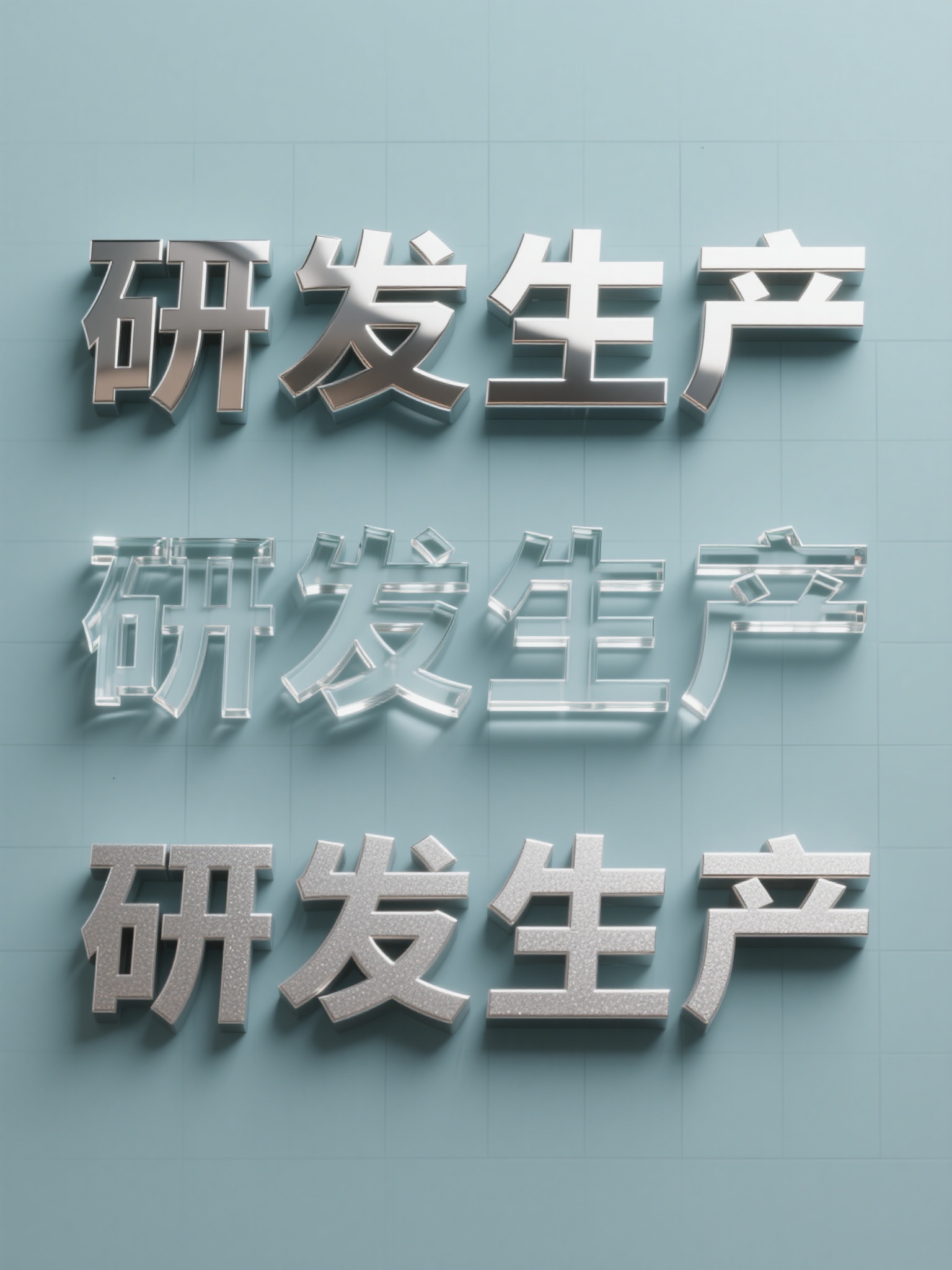 纯色背景上，三个相同造型的“研发生产”立体字组合以规整网格排布… - 图片创意预览