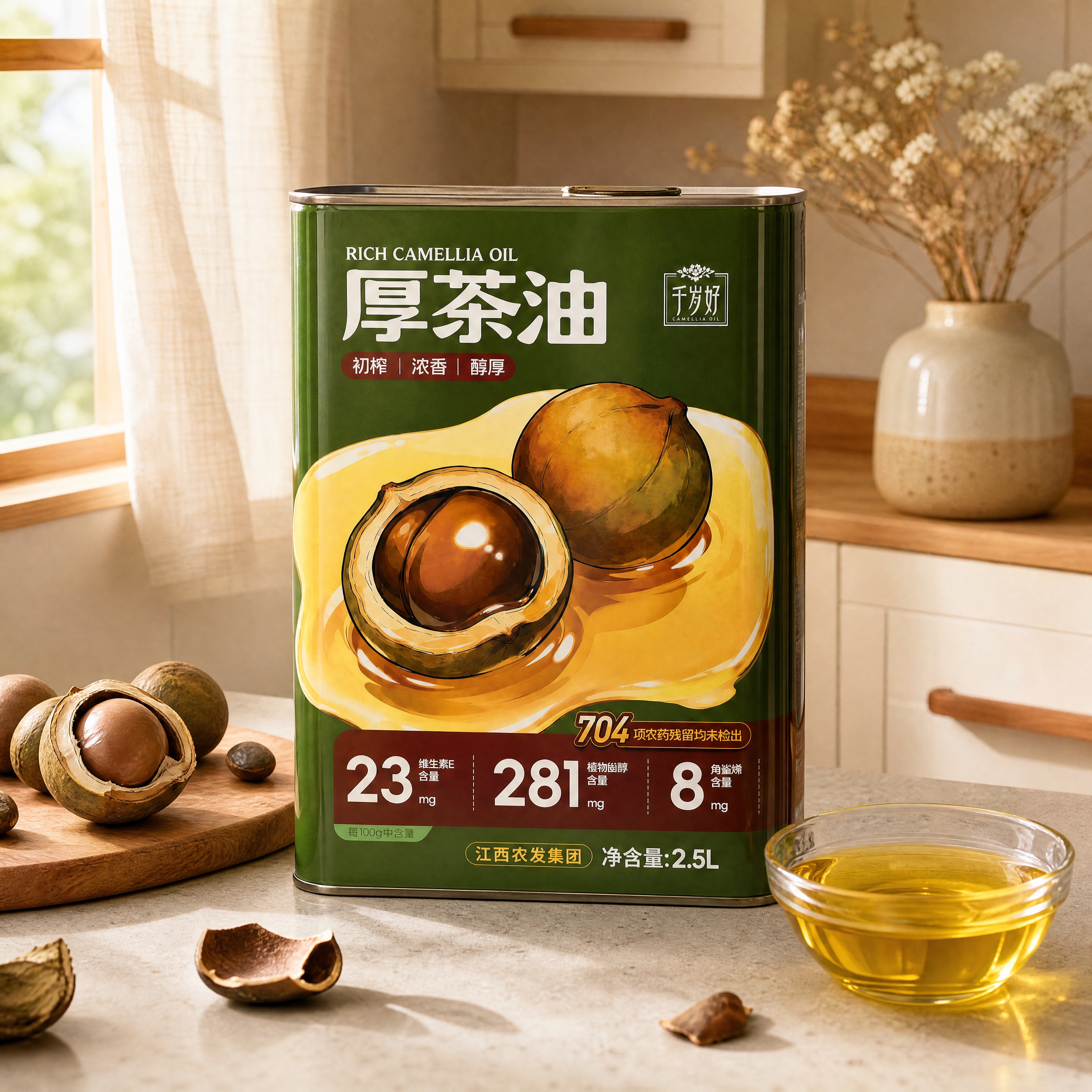 超写实厨房场景摄影。 主体：茶油铁罐严格参照上传产品图，完整保… - 图片创意预览