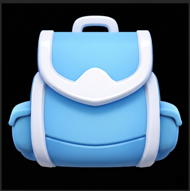 将这个背包图标改为简洁卡通的3D风格，supercell风格，c4d渲染，保留原蓝白配色，保持简约干净的轮廓，增加圆润立体感和清新的卡通质感预览效果