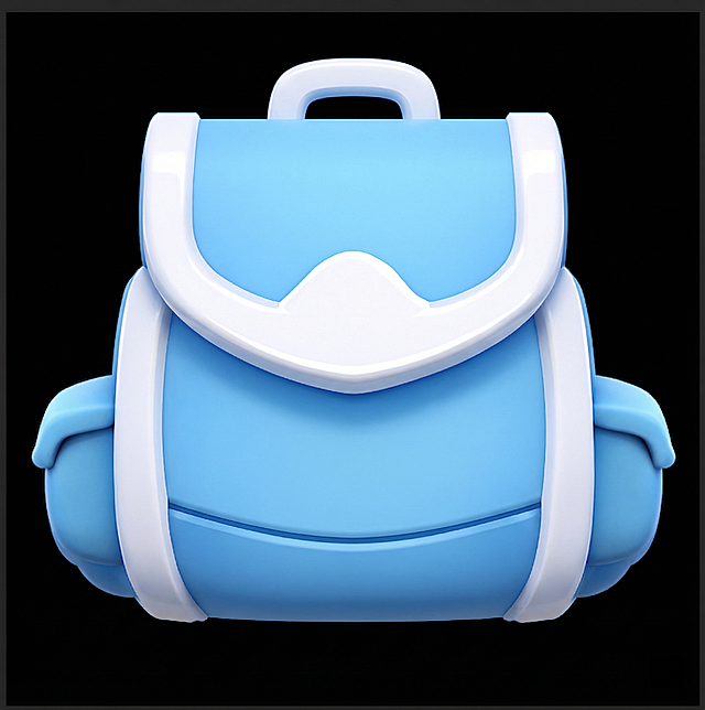 将这个背包图标改为简洁卡通的3D风格，supercell风格，c4d渲染，保留原蓝白配色，保持简约干净的轮廓，增加圆润立体感和清新的卡通质感