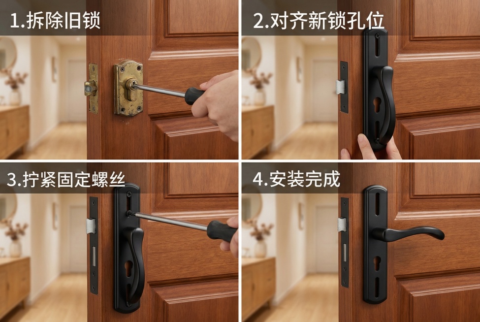 帮我生成一组拼多多套图，这款商品产品名称：【直售款】简约现代黑色门把手室内卧室房间门锁50锁体通用型房门锁 核心卖点：旧门换锁无需改孔，木工推荐一秒换秒懂，换锁无忧轻松安装，把手结合工程学设计舒适握感预览效果