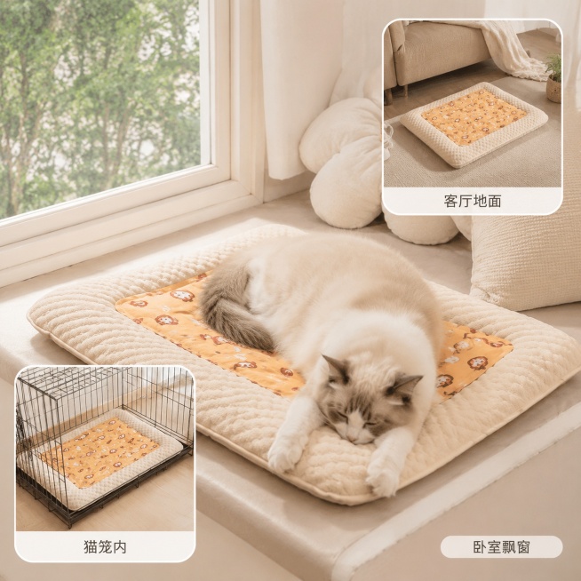 「图片1」生成电商主图（5张），商品名称宠物冰垫，适合抖音平台，单图比例1：1，卖点是亲肤面料＋pvc冰垫，可拆洗，风格是真实家居治愈风预览效果