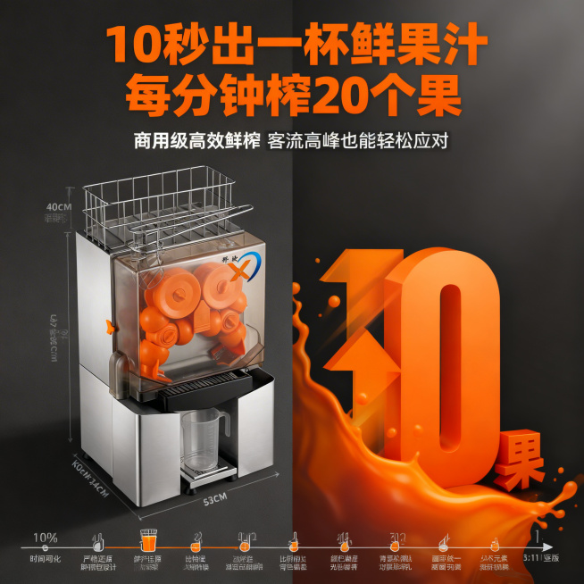 电商平台1:1竖版主图，杂志级创意数据化排版，8K超高清商业摄影质感，光影干净有层次，整体高级商务风，和首图风格完全统一。画面左侧50%版面放置产品主体，采用俯视侧拍角度，重点展示顶部进料篮和底部出汁预览效果
