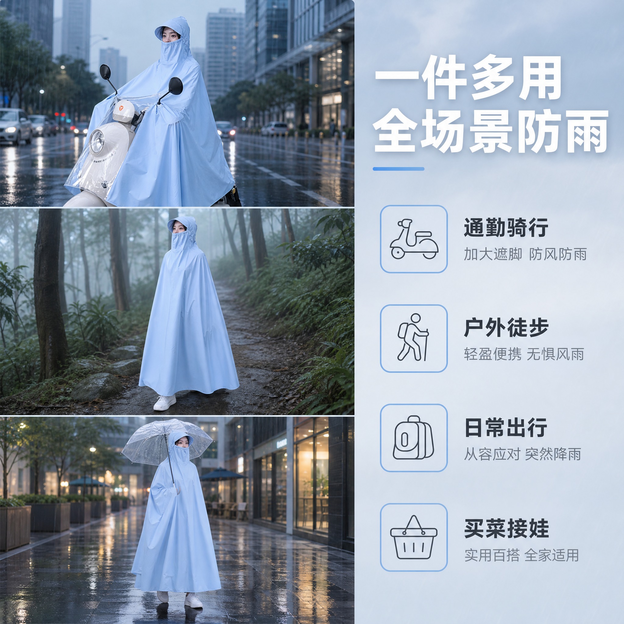 [主图-11] 电动车雨衣（带透明视窗加大遮脚款）多场景适用展… - 图片创意预览