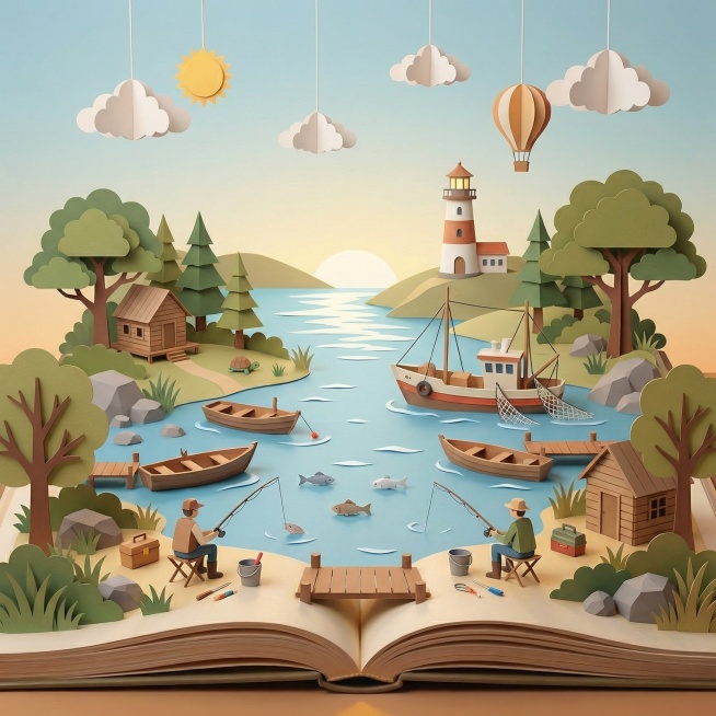 立体书折叠书风格，打开的立体书呈现田园湖边捕鱼场景，湖中有小渔船和大捕鱼船，岸边有鱼竿和钓鱼的人，远处有灯塔，采用和参考图一致的透视角度，纸艺立体风格，内容丰富预览效果