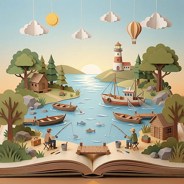 立体书折叠书风格，打开的立体书呈现田园湖边捕鱼场景，湖中有小渔船和大捕鱼船，岸边有鱼竿和钓鱼的人，远处有灯塔，采用和参考图一致的透视角度，纸艺立体风格，内容丰富