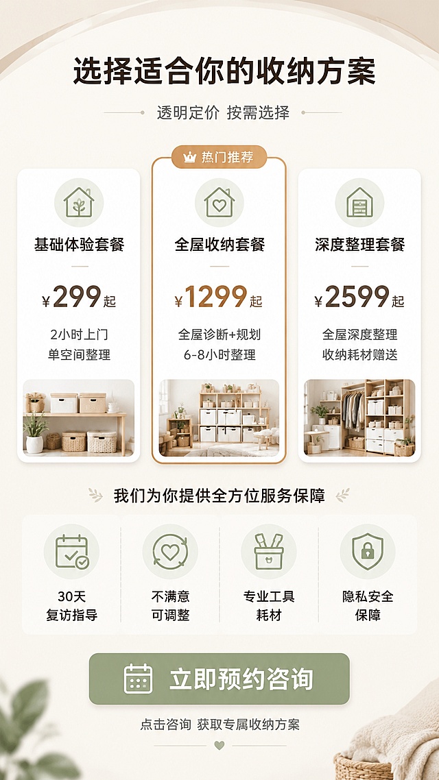 [第8屏] 行动号召-服务套餐与预约咨询转化页。
[氛围/风格] 温馨专业转化页，信任感强，日系极简风，商业设计质感。
[元素布局] 画面上方是三个套餐卡片横向排列，从基础到高级；中间是服务保障图标区；底部是预约咨询行动按钮区；背景浅米色，顶部有柔和的弧形装饰；卡片有轻微阴影和圆角，层次分明。
[光影质感] 柔和均匀光照，卡片有轻微投影增加立体感，整体明亮温暖。
[配色色系] 全局底色 #FAF8F5 暖米白；卡片白色底；主推套餐卡片用原木棕 #C8A982 边框高亮；主色深棕 #6B5B4F；辅助色抹茶绿 #A8C3A0；按钮用抹茶绿填充白色文字。
[视角构图] 上中下结构，上方套餐卡片，中部保障说明，底部行动按钮，阅读动线从上到下。
[文字版式] 顶部主标题「选择适合你的收纳方案」，居中黑体加粗；副标题「透明定价 按需选择」，灰色小字居中；三个套餐卡片横向排列：左「基础体验套餐」价格「¥299起」包含「2小时上门 单空间整理」；中间「全屋收纳套餐」标「热门推荐」标签，价格「¥1299起」包含「全屋诊断+规划 6-8小时整理」；右「深度整理套餐」价格「¥2599起」包含「全屋深度整理 收纳耗材赠送」；中部四个保障图标横向排列：「30天复访指导」「不满意可调整」「专业工具耗材」「隐私安全保障」；底部大按钮「立即预约咨询」，下方小字「点击咨询 获取专属收纳方案」；所有文字清晰可读，层级分明。
[比例分辨率] 9:16 竖版比例，4K分辨率，文字清晰可辨，高清画质。
[负向提示词] 卡片变形，水印，文字错乱，文字过小，颜色偏差，按钮不清晰。