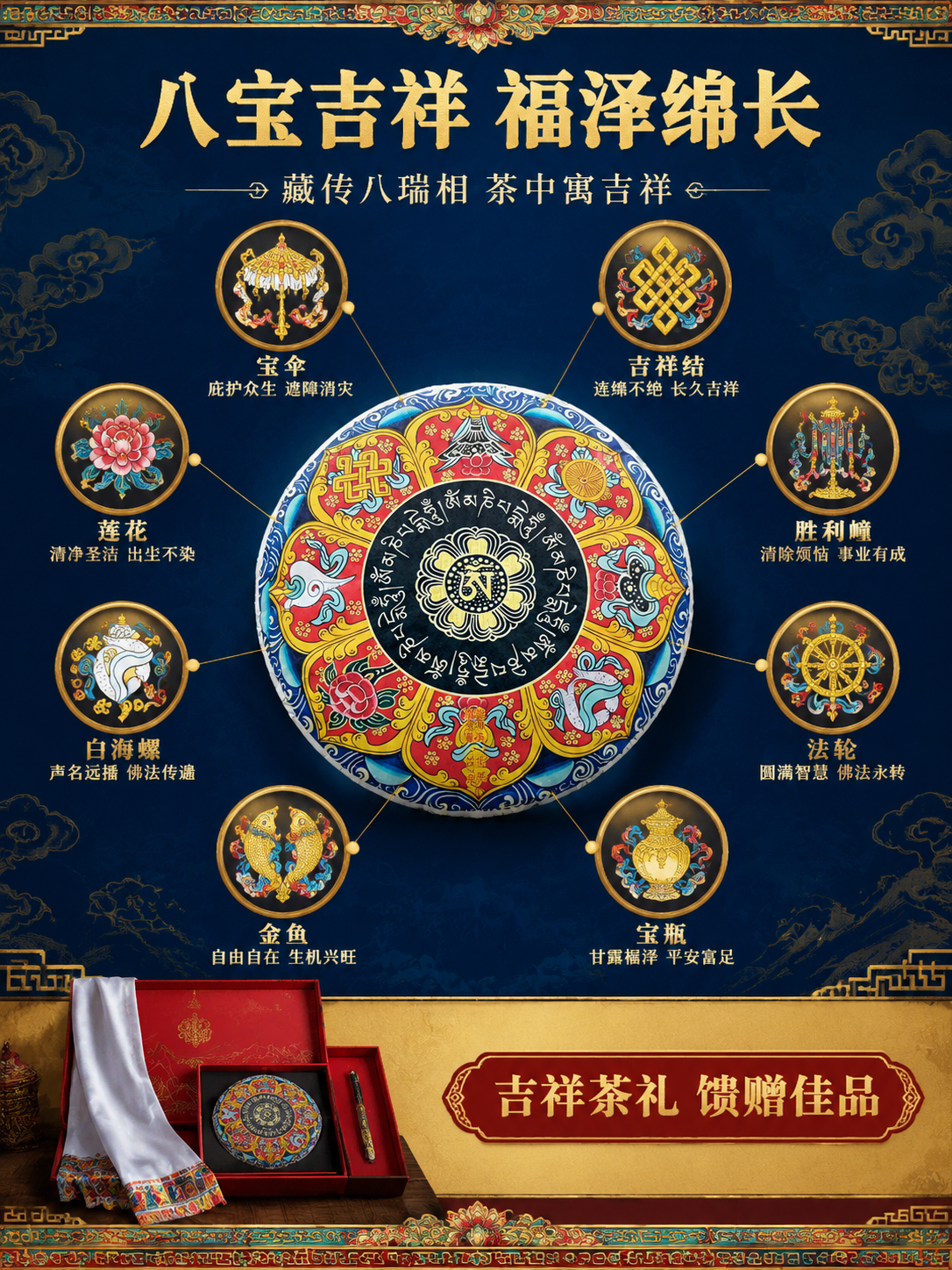 [商品] 使用【图1】八宝青饼普洱生茶茶饼；保留饼面藏式八宝纹… - 图片创意预览