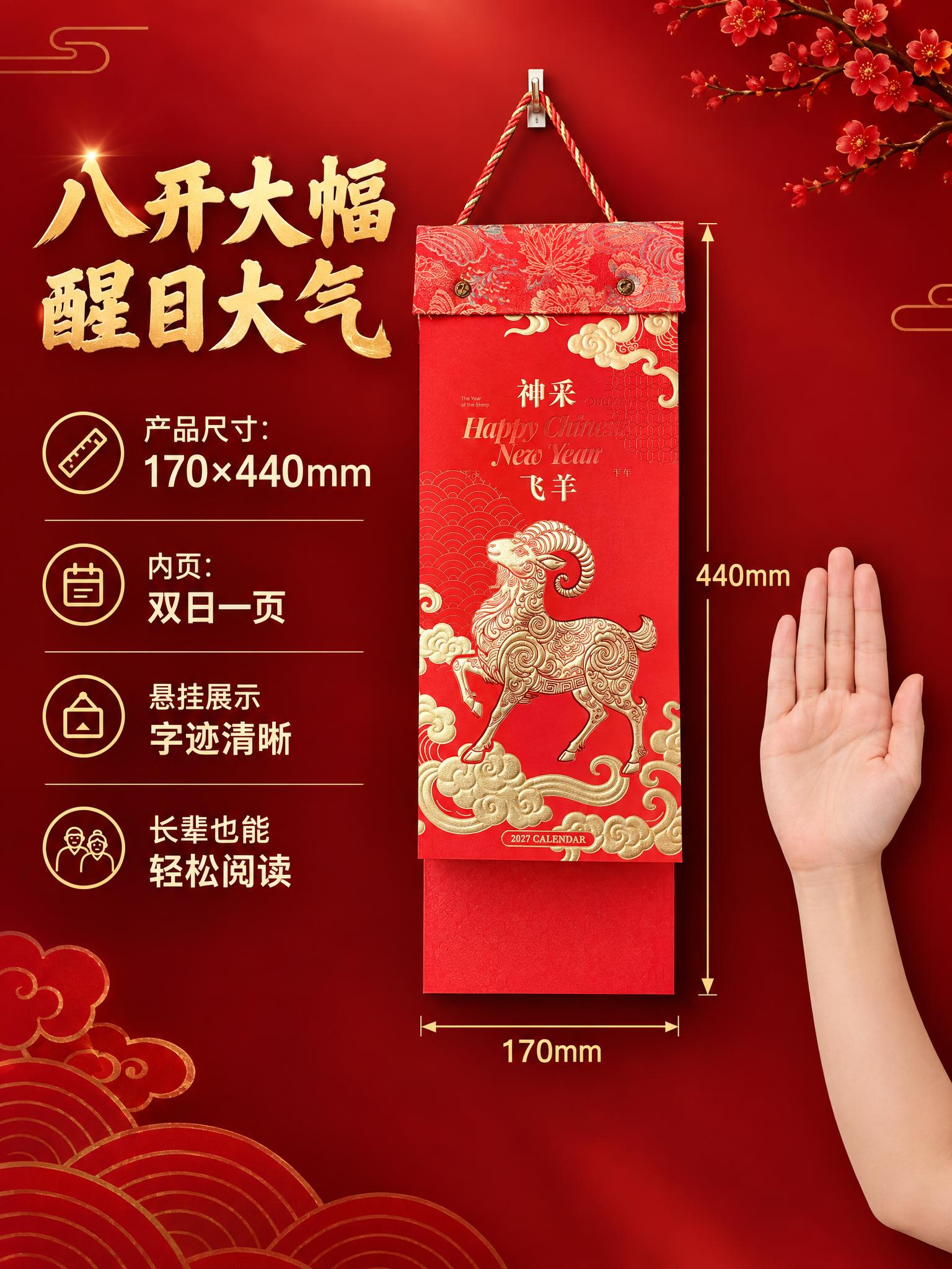生成挂历尺寸展示详情页，用参照物体现170×440mm的真实大… - 图片创意预览